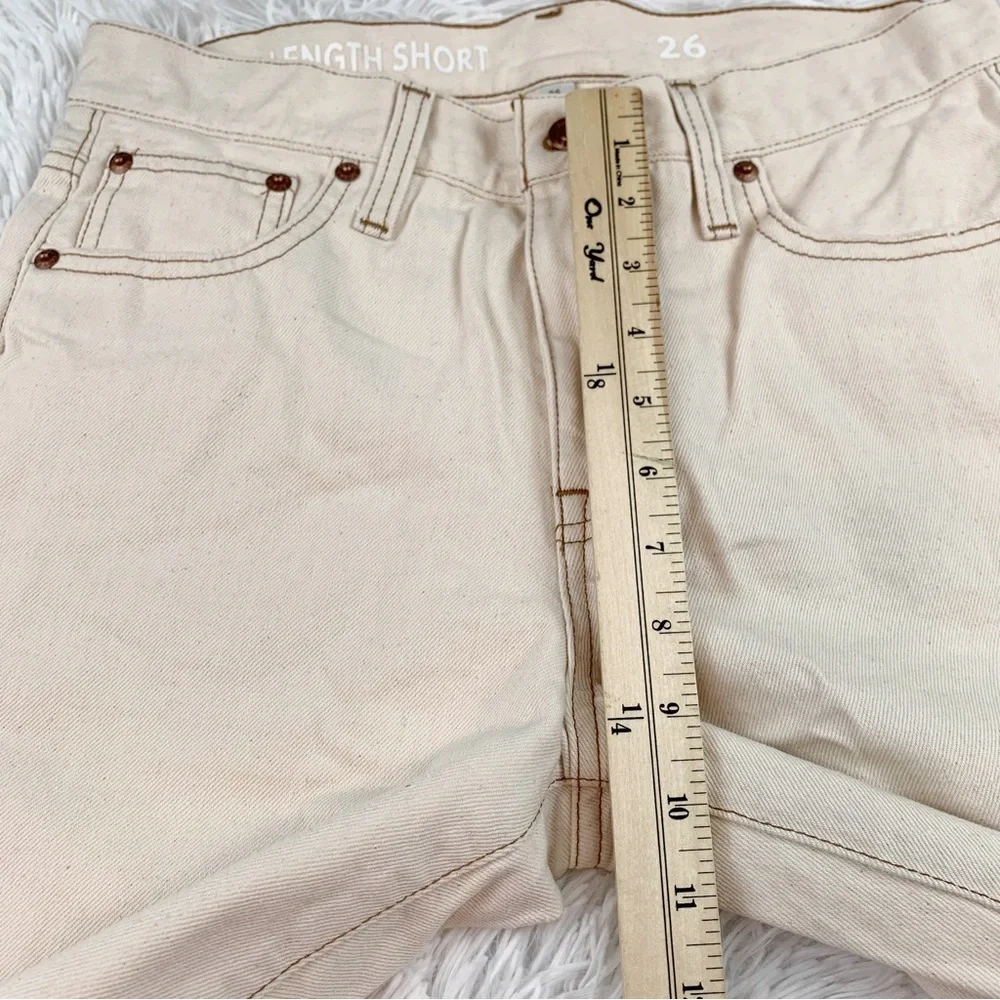 J Crew Hi rise Mid-length denim Bermuda short‎ in ecru frayed hem